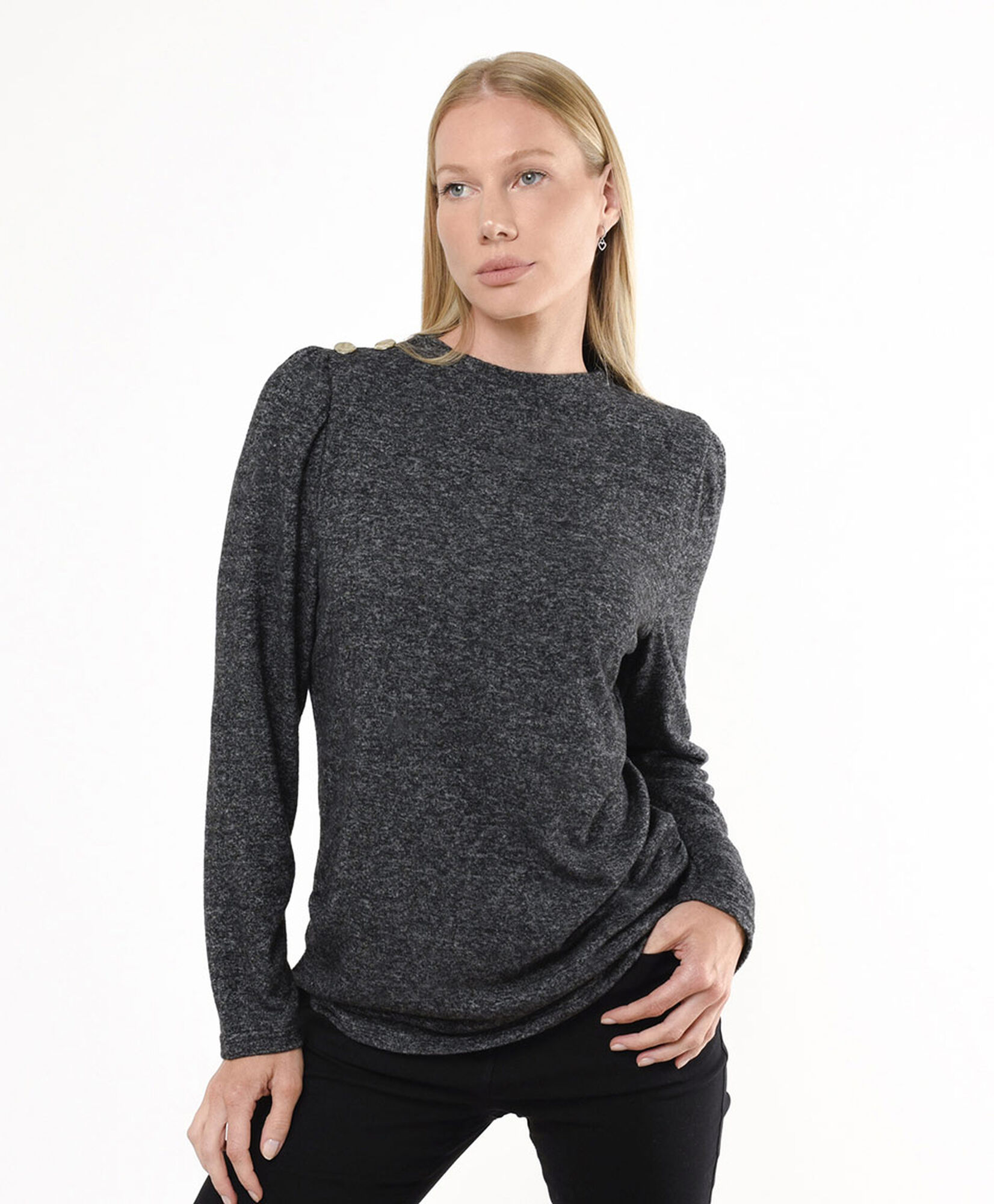Polera mujer botones hombro gris 